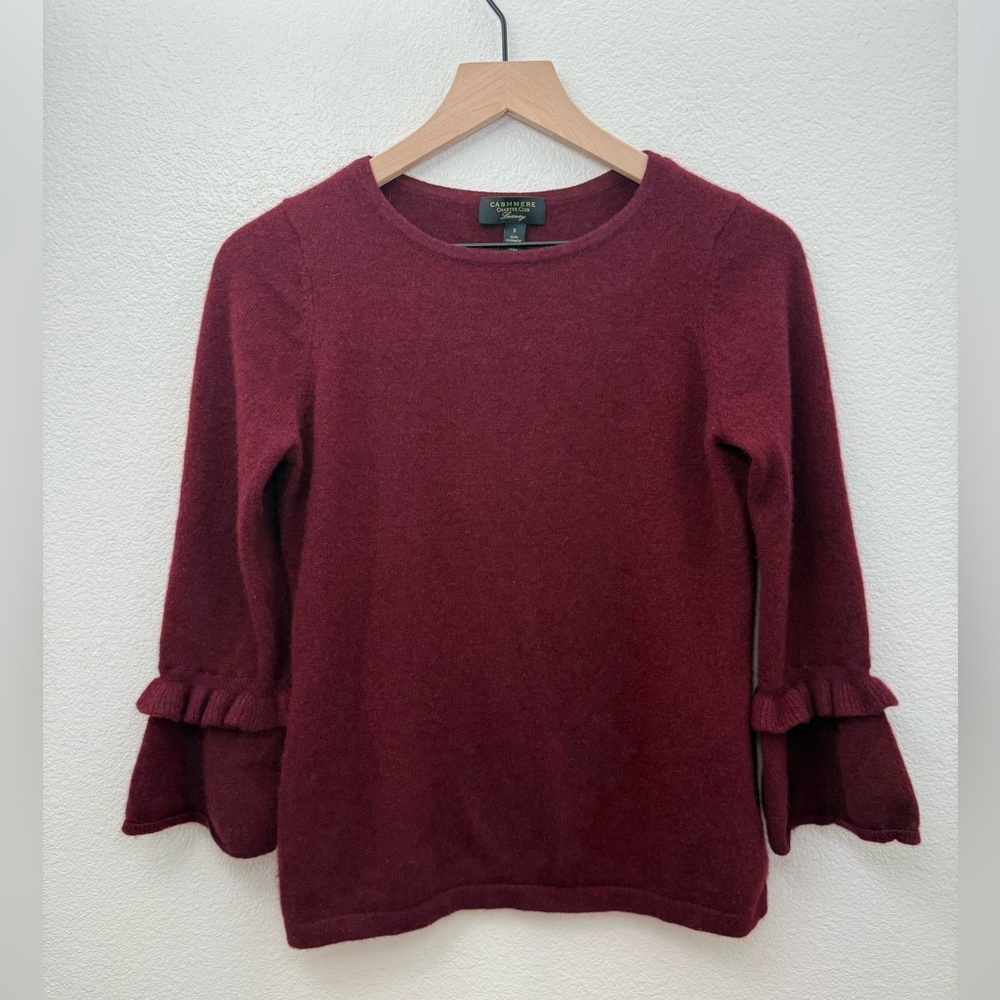 Charter Club Luxury 100% Cashmere Sweater Ruffle Bell Sleeves Burgundy Small